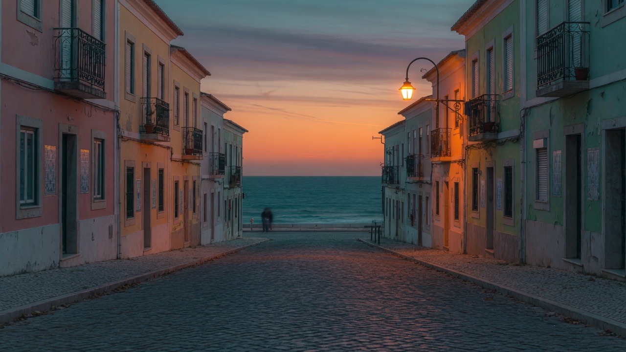 Rua costeira ao entardecer na Figueira da Foz